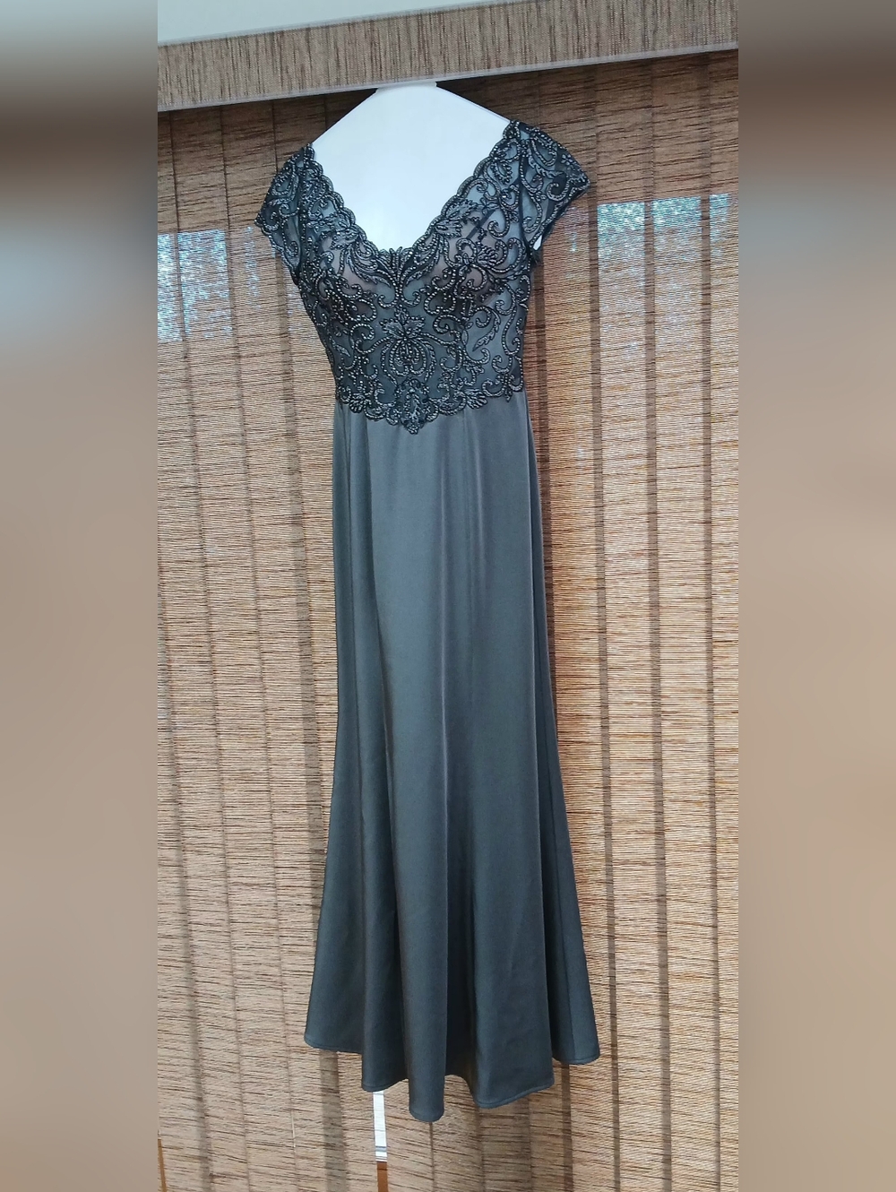 JVN By Jovani Charcoal Gray Silver Embellished V-Neck Maxi Dress